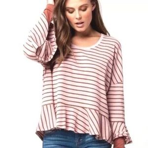 FREE PEOPLE Peplum Hem Striped Bell Sleeve Top